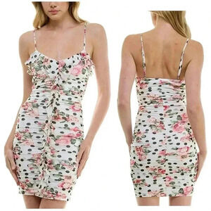 BCX Small Multicolor Floral Polka Dot Ruched Ruffled Bodycon Dress